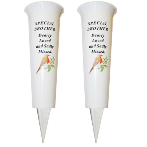 Set of 2 Memorial Graveside Flower Vases with Spike Robin Image - Brother