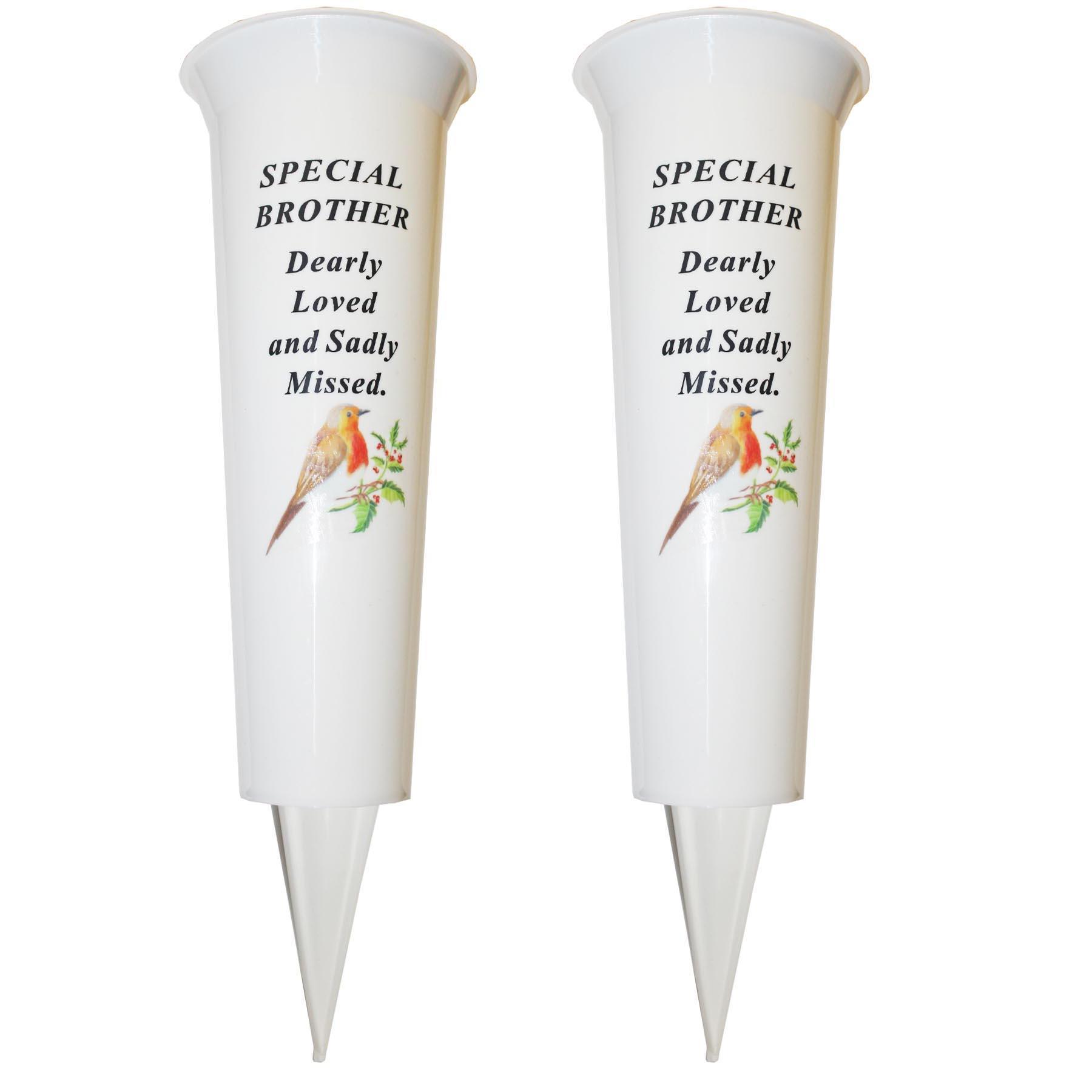 Set of 2 Memorial Graveside Flower Vases with Spike Robin Image - Brother