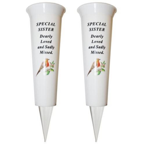 Set of 2 Memorial Graveside Flower Vases with Spike Robin Image - Sister