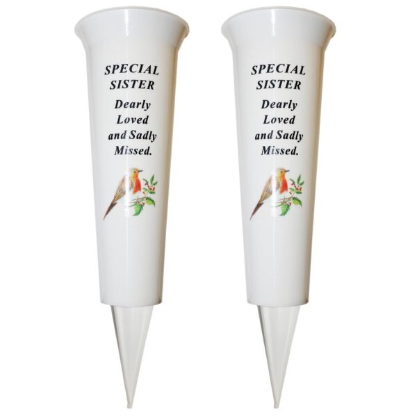 image485751534.jpg Set of 2 Memorial Graveside Flower Vases with Spike Robin Image - Sister
