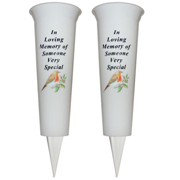 Set of 2 Memorial Graveside Flower Vases with Spike Robin Image - Someone Special