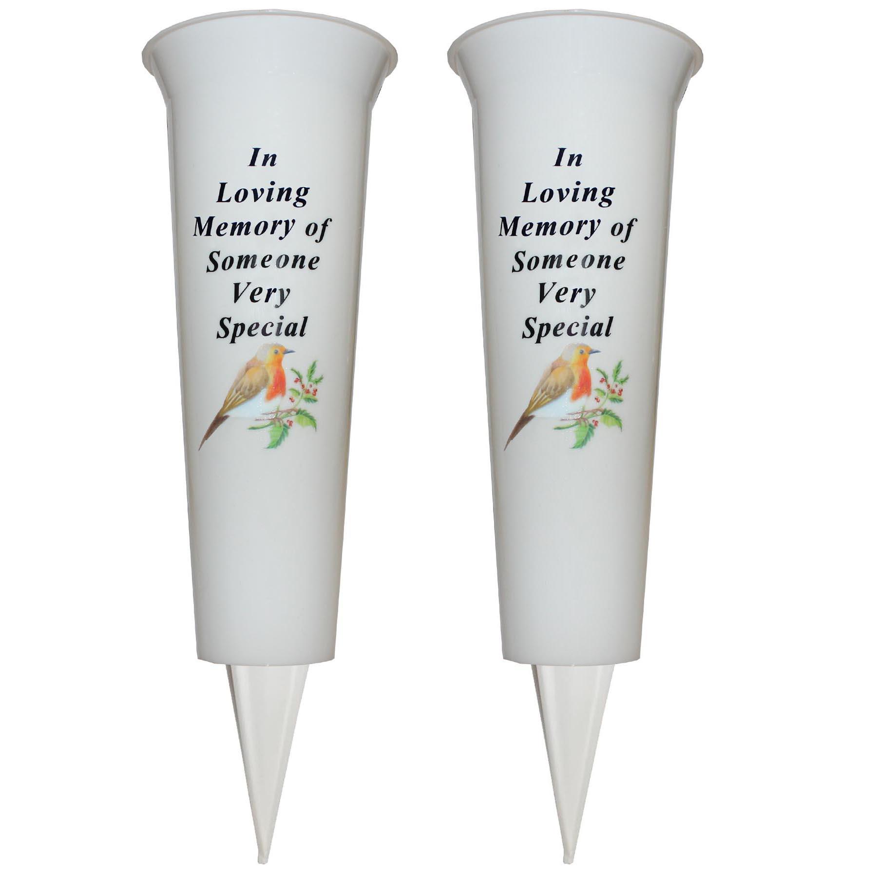Set of 2 Memorial Graveside Flower Vases with Spike Robin Image - Someone Special