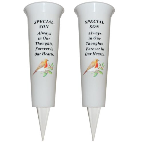 Set of 2 Memorial Graveside Flower Vases with Spike Robin Image - Son