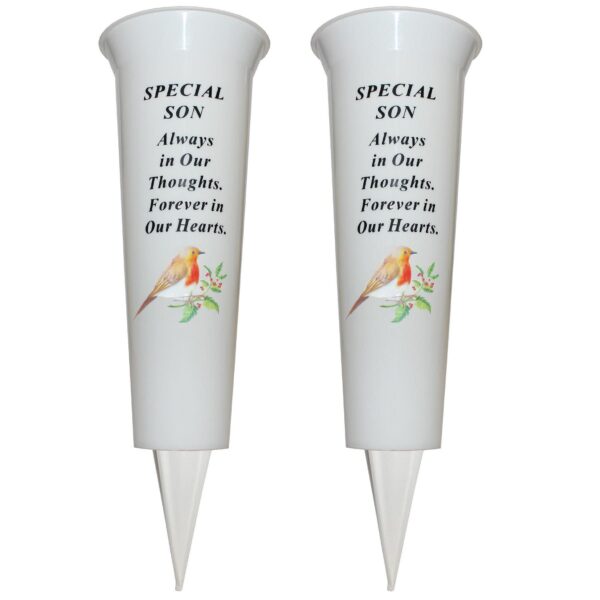 image485751544.jpg Set of 2 Memorial Graveside Flower Vases with Spike Robin Image - Son