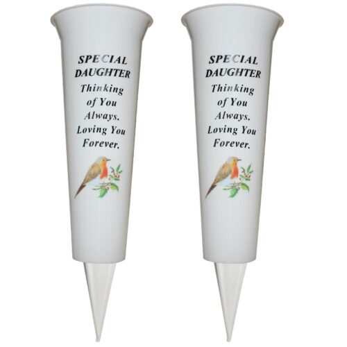 Set of 2 Memorial Graveside Flower Vases with Spike Robin Image - Daughter