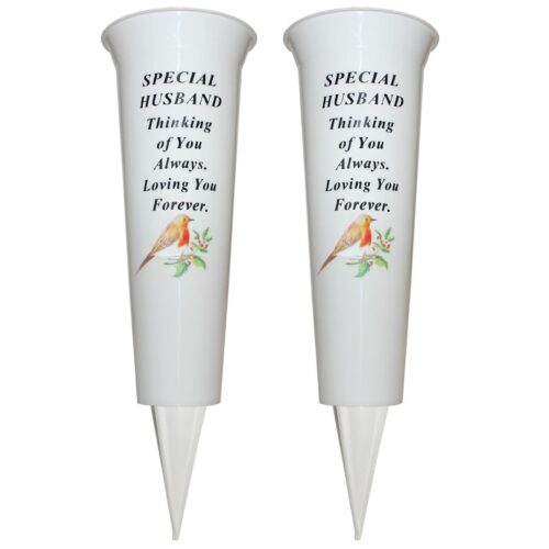 Set of 2 Memorial Graveside Flower Vases with Spike Robin Image - Husband