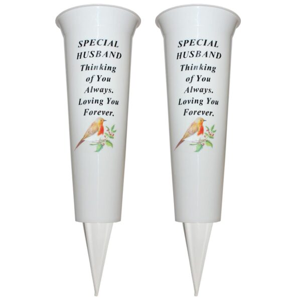 Set of 2 Memorial Graveside Flower Vases with Spike Robin Image - Husband