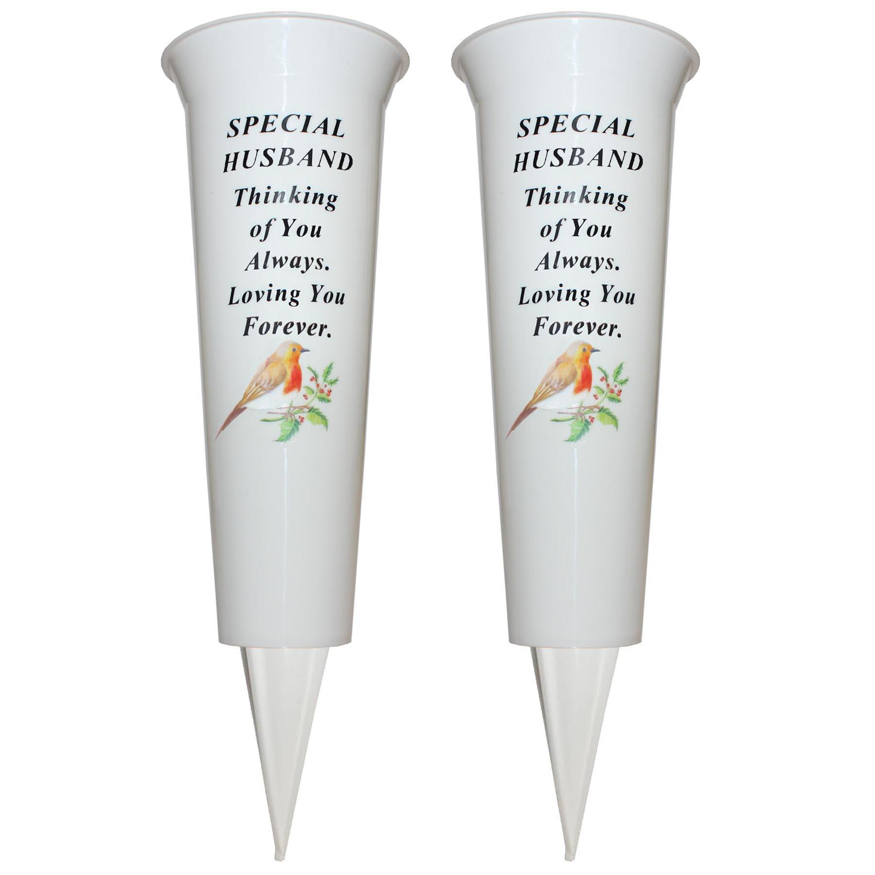 Set of 2 Memorial Graveside Flower Vases with Spike Robin Image - Husband