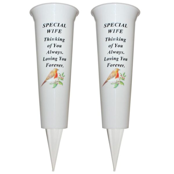 Set of 2 Memorial Graveside Flower Vases with Spike Robin Image - Wife