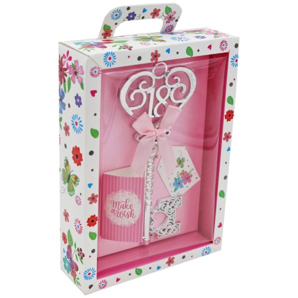 Boxed Silver 18th Birthday Key Keepsake Gift - Pink Design Floral