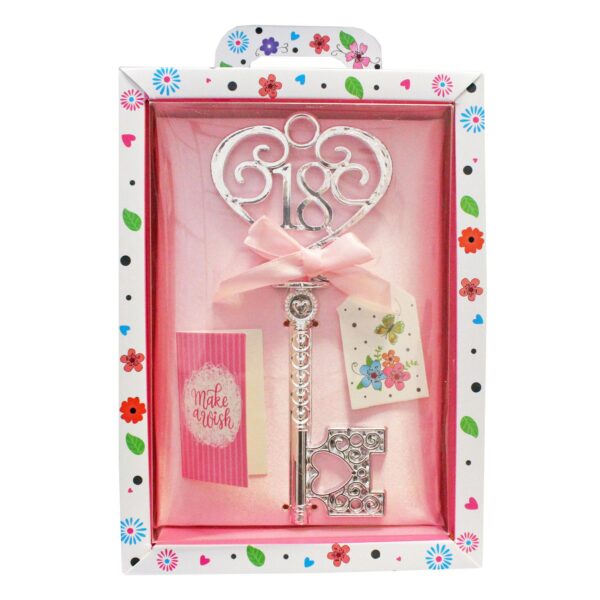 Boxed Silver 18th Birthday Key Keepsake Gift - Pink Design Floral