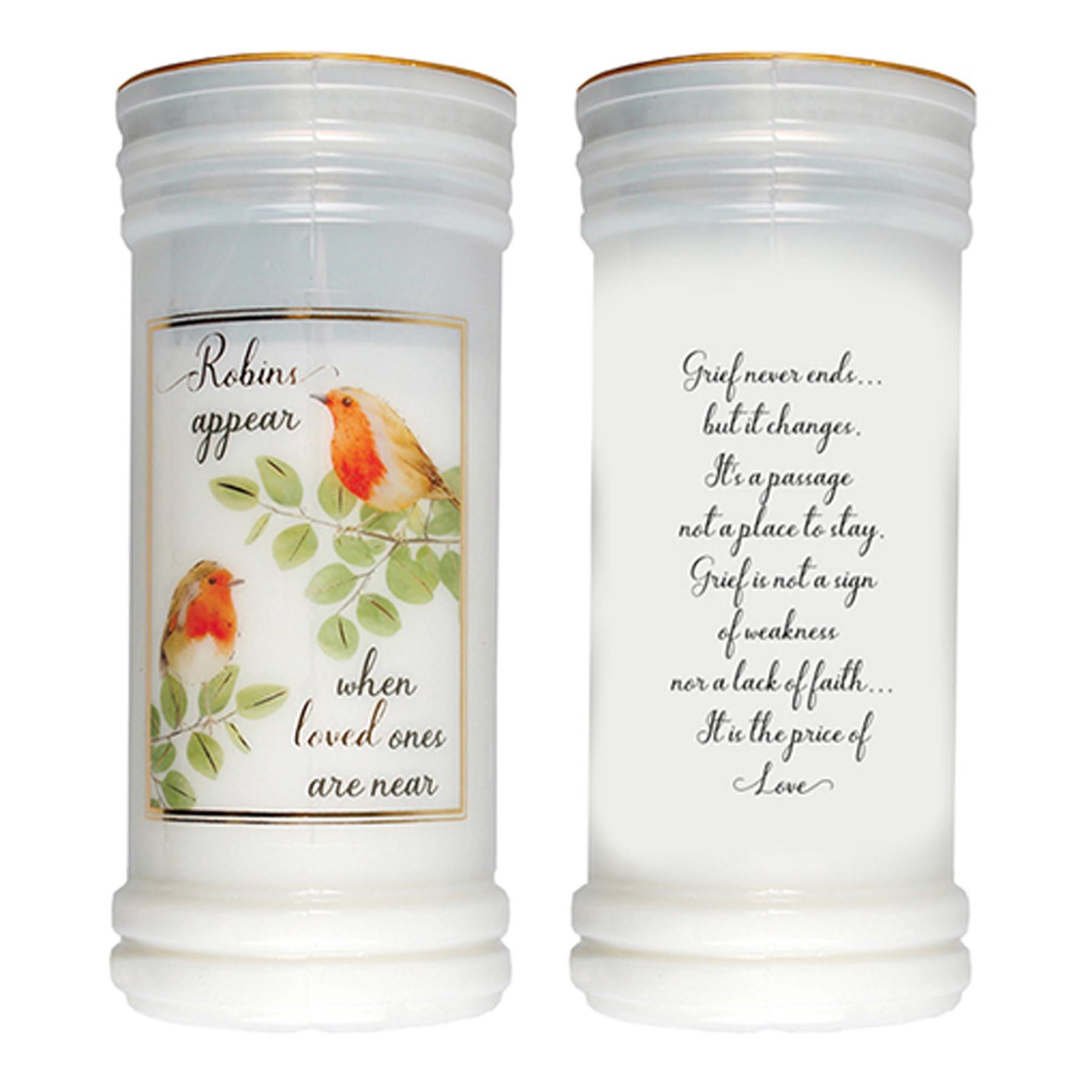 Pillar Candle In Holder Memorial Robins Appear When Loved Ones are Near