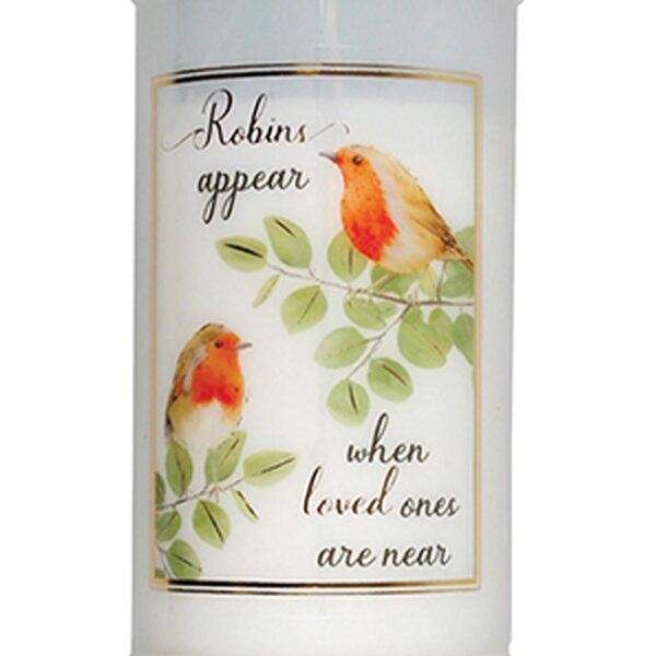 Pillar Candle In Holder Memorial Robins Appear When Loved Ones are Near