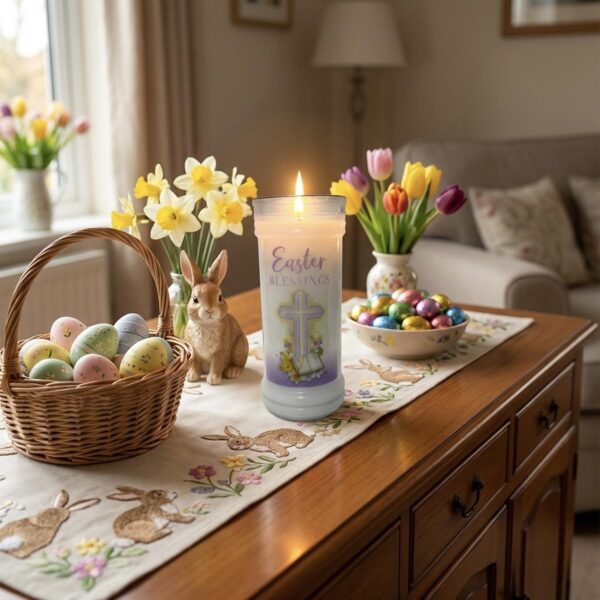 Pillar Candle In Holder 'Easter Blessings' with Cross Design Religious Gift