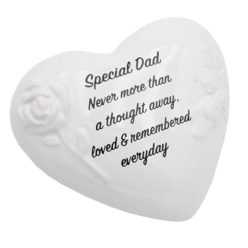 Memorial Heart Plaque with Flowers and Wording Glazed Finish Graveside Ornament - Dad