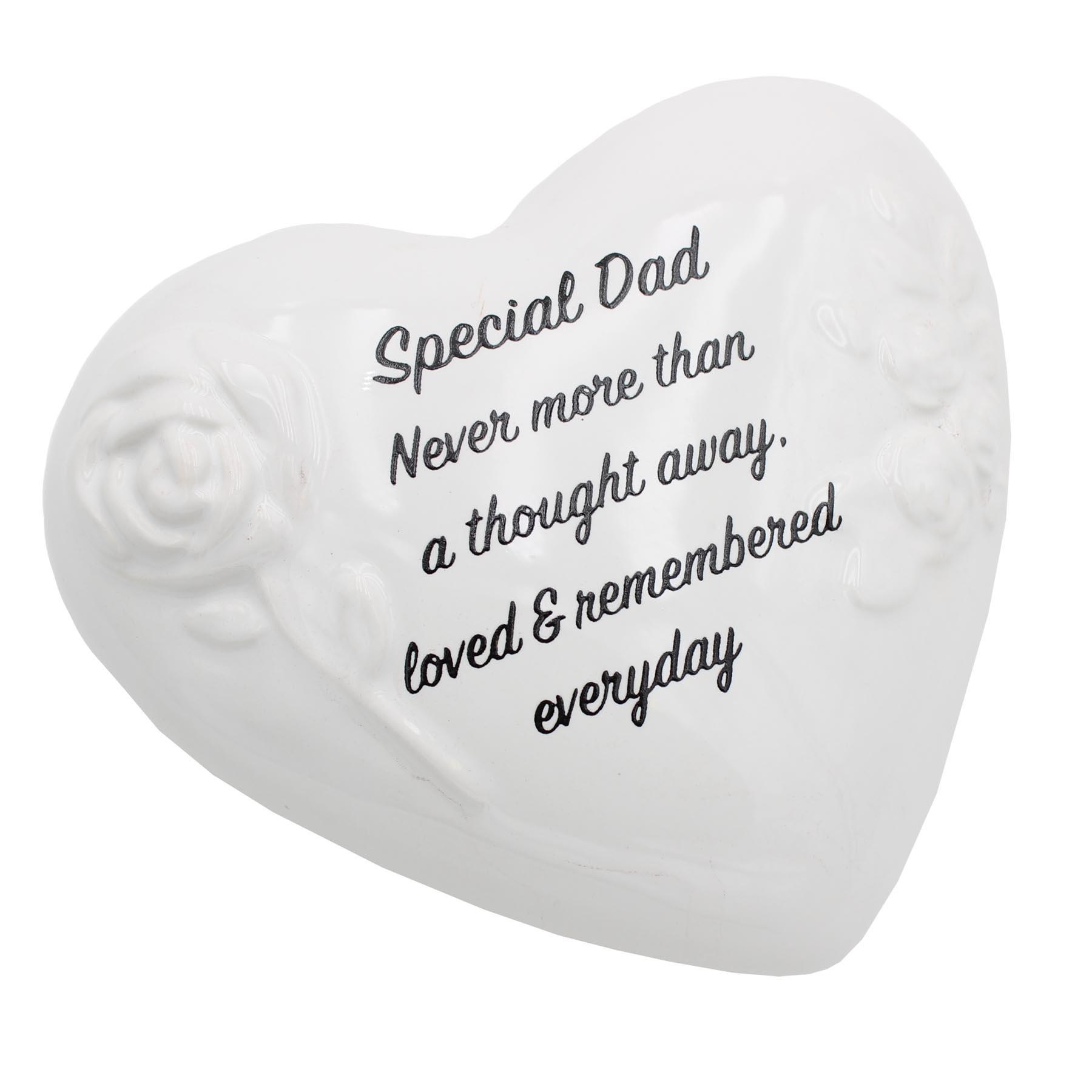 Memorial Heart Plaque with Flowers and Wording Glazed Finish Graveside Ornament - Dad