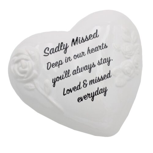 Memorial Heart Plaque with Flowers and Wording Glazed Finish Graveside Ornament - Sadly Missed