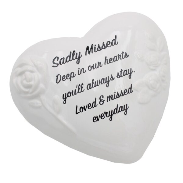 Memorial Heart Plaque with Flowers and Wording Glazed Finish Graveside Ornament - Sadly Missed
