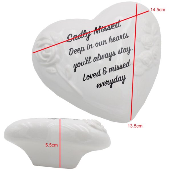 Memorial Heart Plaque with Flowers and Wording Glazed Finish Graveside Ornament - Sadly Missed