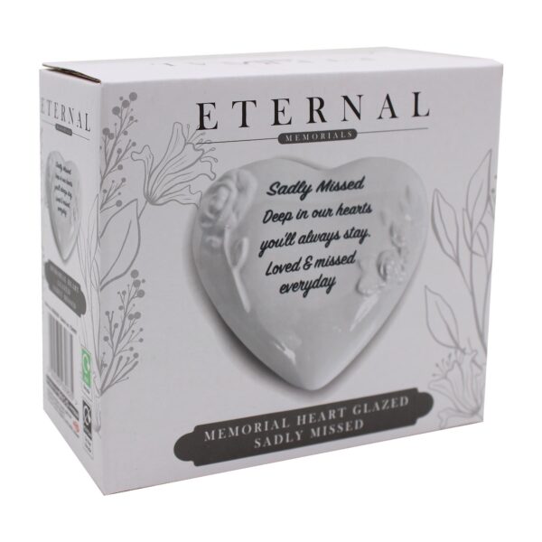 Memorial Heart Plaque with Flowers and Wording Glazed Finish Graveside Ornament - Sadly Missed