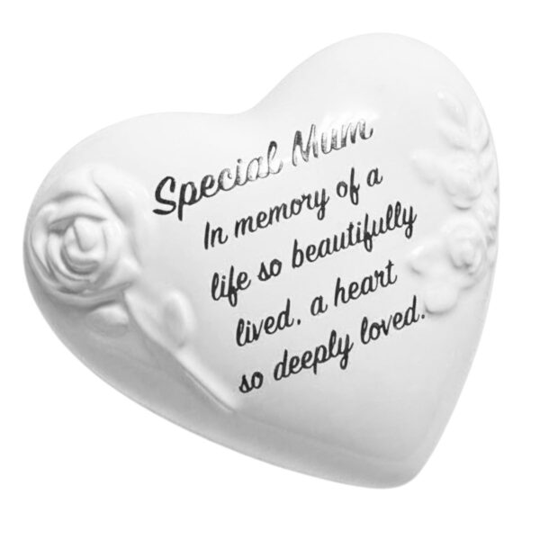 Memorial Heart Plaque with Flowers and Wording Glazed Finish Graveside Ornament - Mum