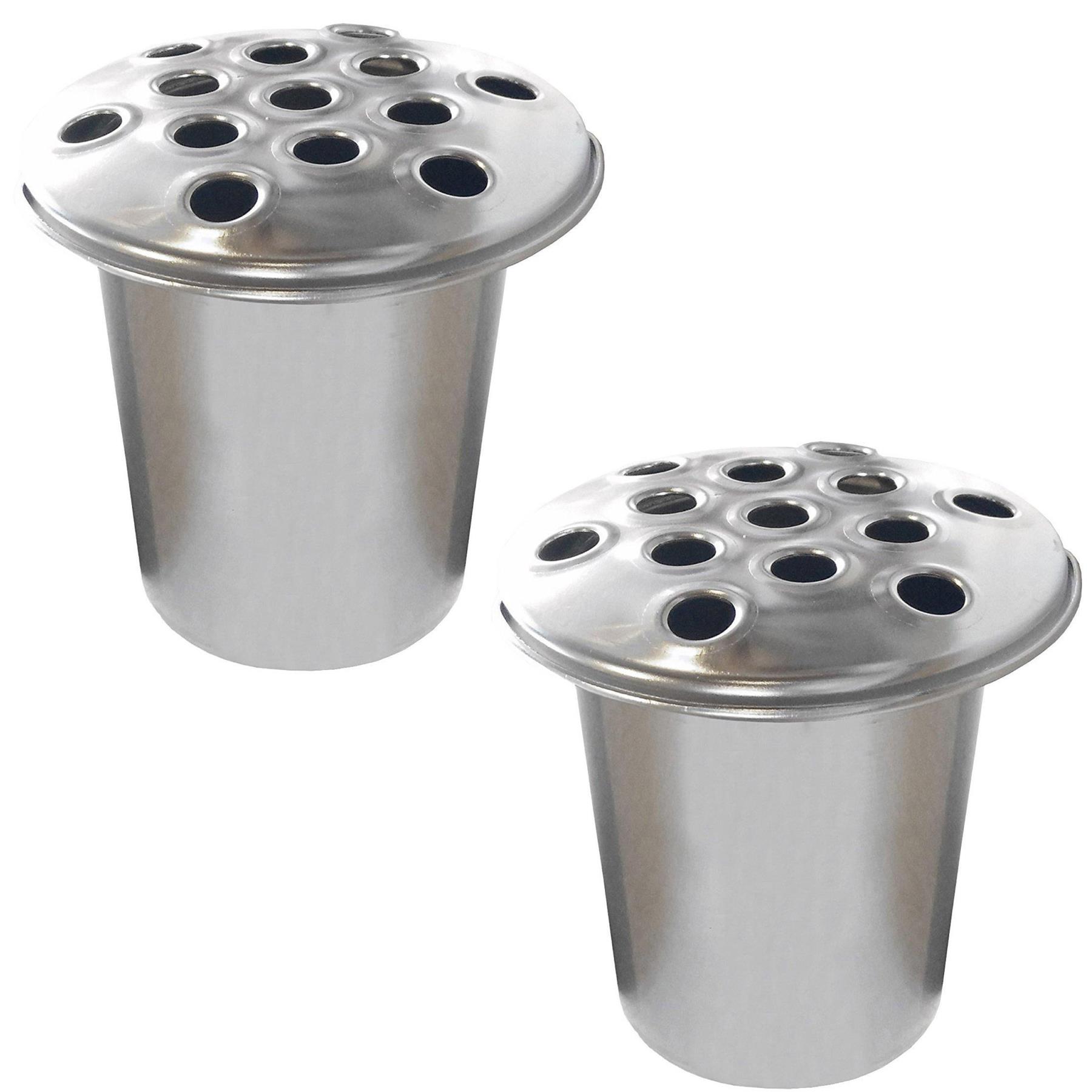 Set of 2 Silver Metal Graveside Memorial Flower Vases Insert with Silver Lids