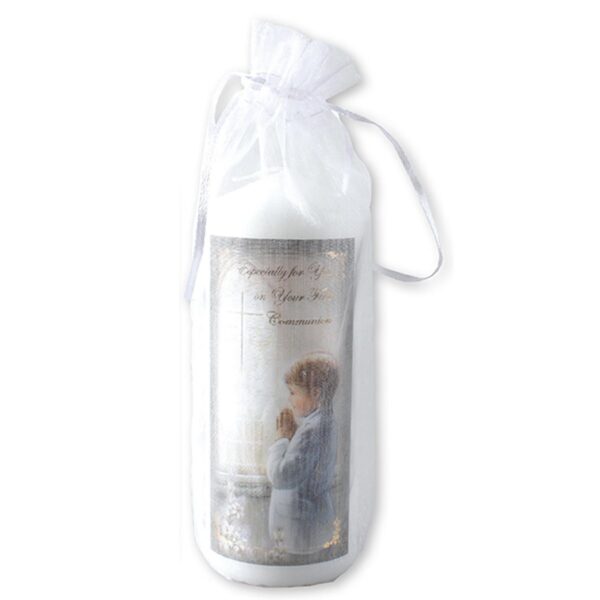 Pillar Candle First Holy Communion in Organza Bag Keepsake Gift - Boy