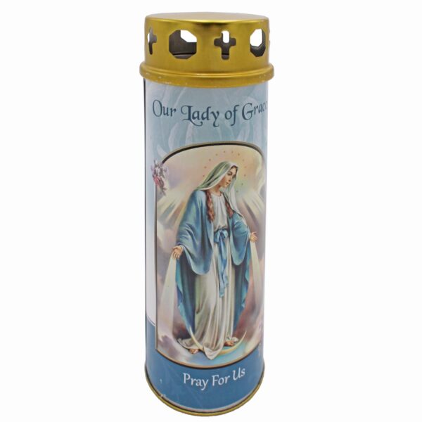 Religious Pillar Candle and Windproof Cap and Prayer - Our Lady Of Grace Miraculous