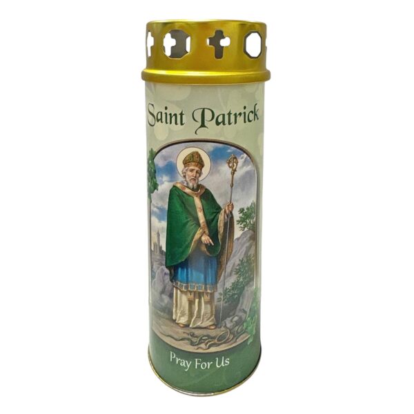 Religious Pillar Candle and Windproof Cap and Prayer - Saint Patrick