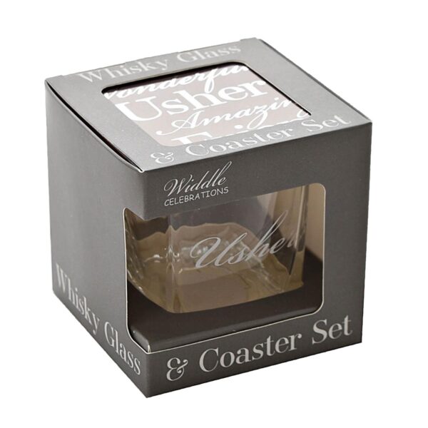 Wedding Whisky Glass and Coaster Set - Boxed Thank You Gift - Usher