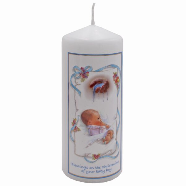 Christening Pillar Candle 15cm Cellophane Wrapped Keepsake Gift - Baby Boy
