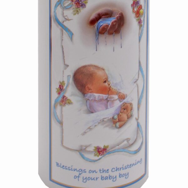 Christening Pillar Candle 15cm Cellophane Wrapped Keepsake Gift - Baby Boy