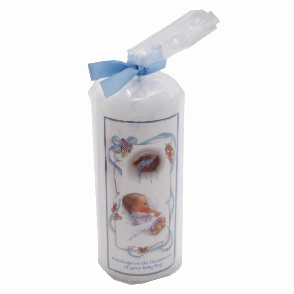 Christening Pillar Candle 15cm Cellophane Wrapped Keepsake Gift - Baby Boy