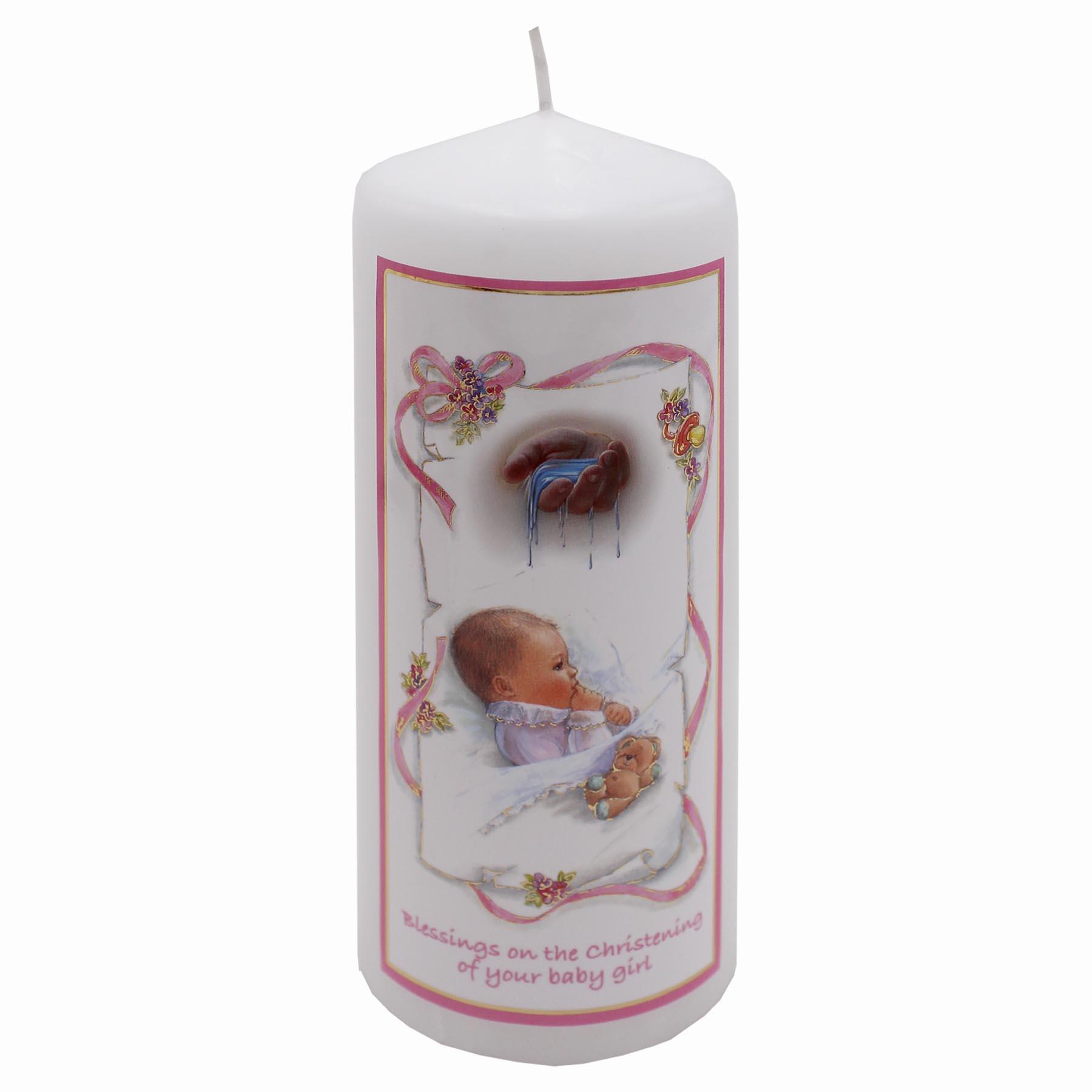 Christening Pillar Candle 15cm Cellophane Wrapped Keepsake Gift - Baby Girl