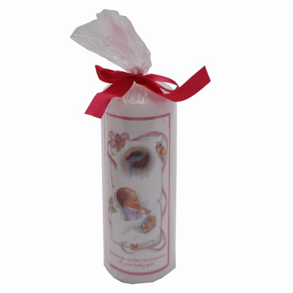 image485817557.jpg Christening Pillar Candle 15cm Cellophane Wrapped Keepsake Gift - Baby Girl