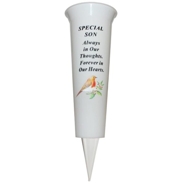 Memorial Graveside Flower Vase with Spike Robin Image - Special  Son