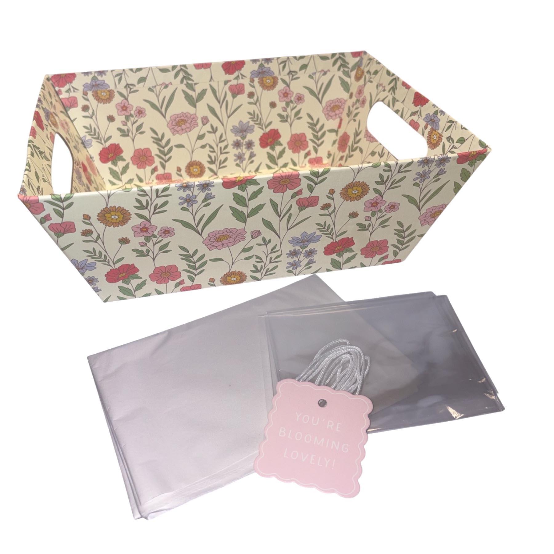 Mother's Day Hamper Basket Kit Gift Box Tissue Paper Bag and Tag - Cream with Flowers