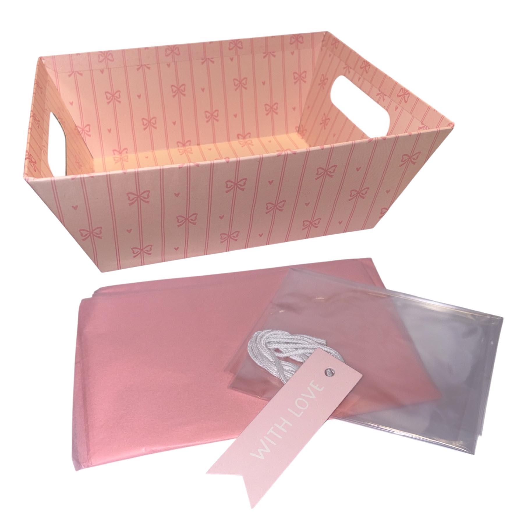 Mother's Day Hamper Basket Kit Gift Box Tissue Paper Bag and Tag - Pink with Bows