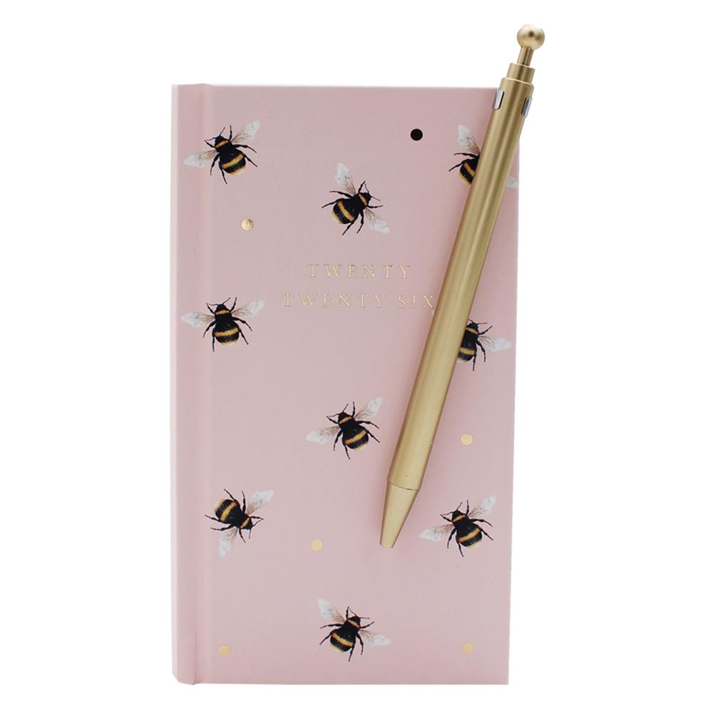 2026 Slimline Week To View Diary and Pen Gift Boxed - Pink with Bees