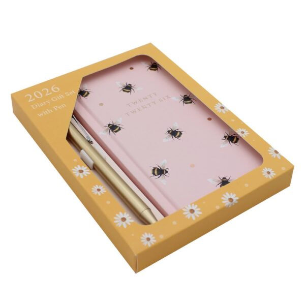 2026 Slimline Week To View Diary and Pen Gift Boxed - Pink with Bees