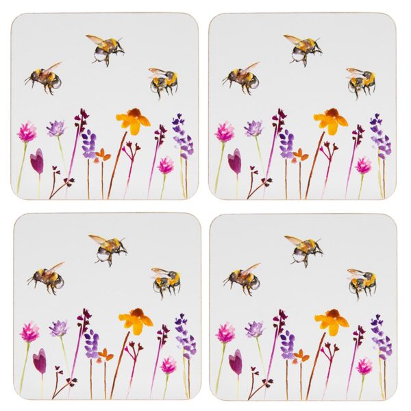Set of 4 Coasters with Cork Back Busy Bees Design by Jennifer Rose