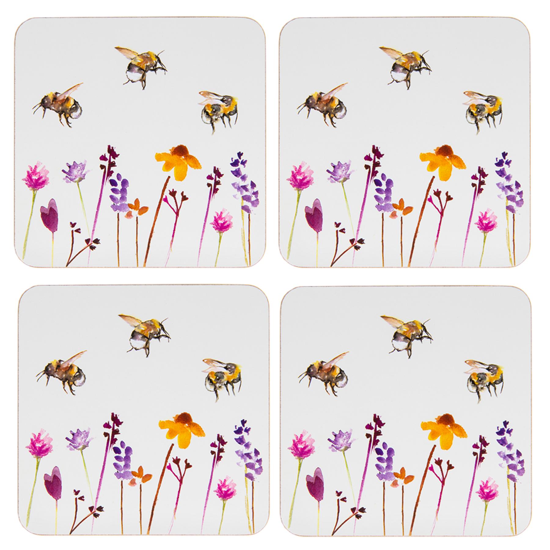 Set of 4 Coasters with Cork Back Busy Bees Design by Jennifer Rose