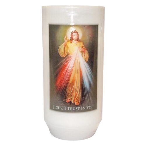 image485890052.jpg Religious Votive Candle in Holder with Prayer Devine Mercy 40 hour Burn Time 12.5cm