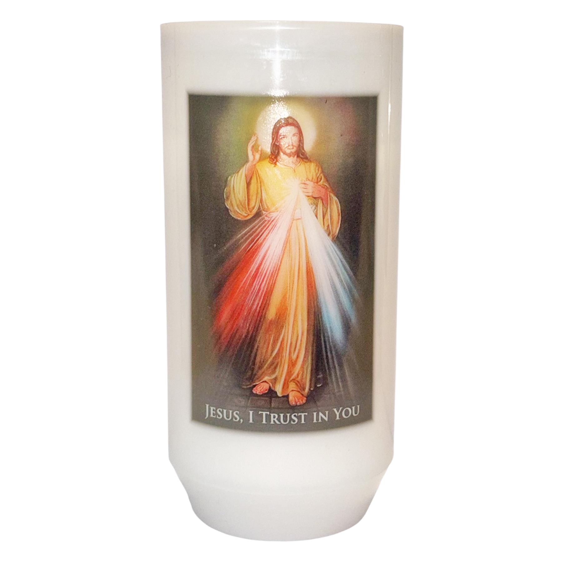 Religious Votive Candle in Holder with Prayer Devine Mercy 40 hour Burn Time 12.5cm