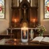 Religious Votive Candle in Holder with Prayer Devine Mercy 40 hour Burn Time 12.5cm