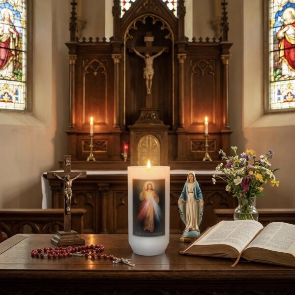 Religious Votive Candle in Holder with Prayer Devine Mercy 40 hour Burn Time 12.5cm