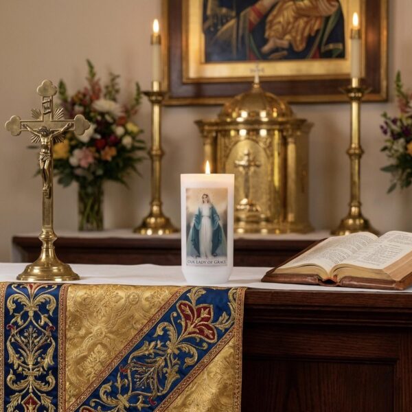 Religious Votive Candle in Holder with Prayer Miraculous 40 hour Burn Time 12.5cm