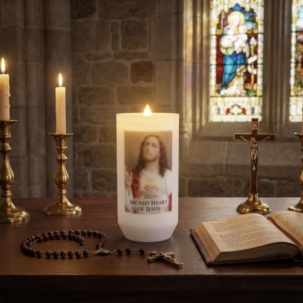 Religious Votive Candle in Holder with Prayer Sacred Heart of Jesus 40 hour Burn Time 12.5cm
