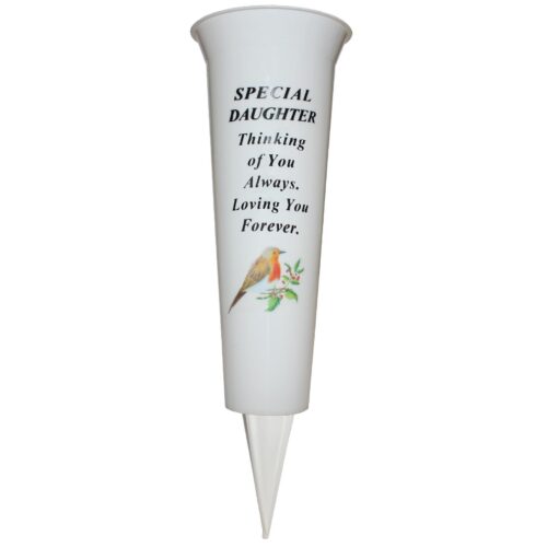 Memorial Graveside Flower Vase with Spike Robin Image - Special  Daughter