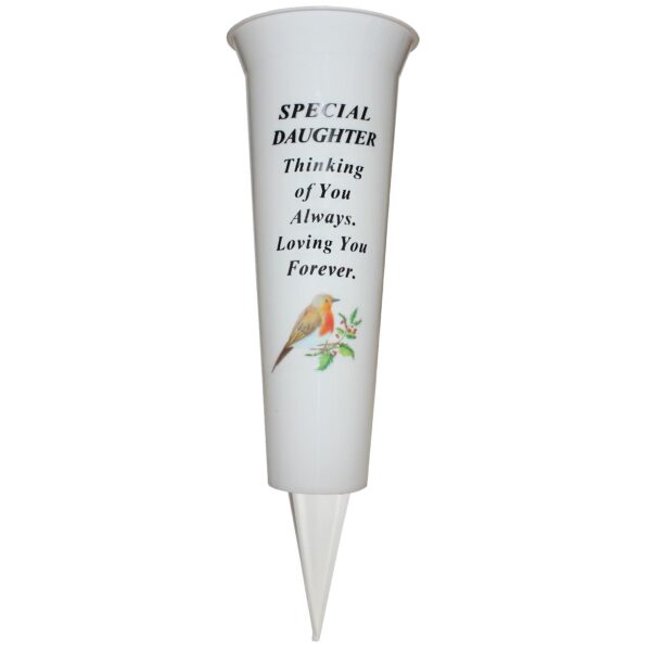 Memorial Graveside Flower Vase with Spike Robin Image - Special  Daughter